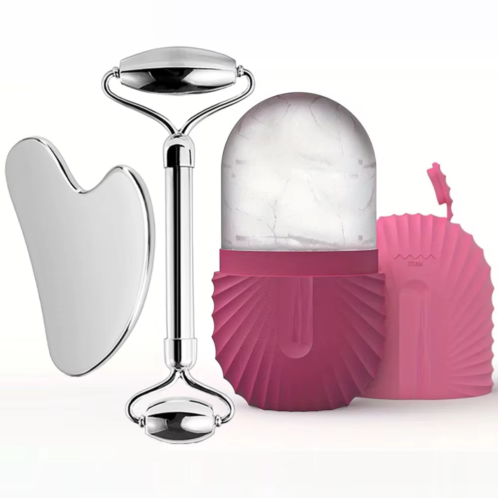Ice Face Roller Facial Skincare Ice Roller Set, Stainless Steel Facial Roller Gua Sha Face Tool Face Massage Roller Mold Cube